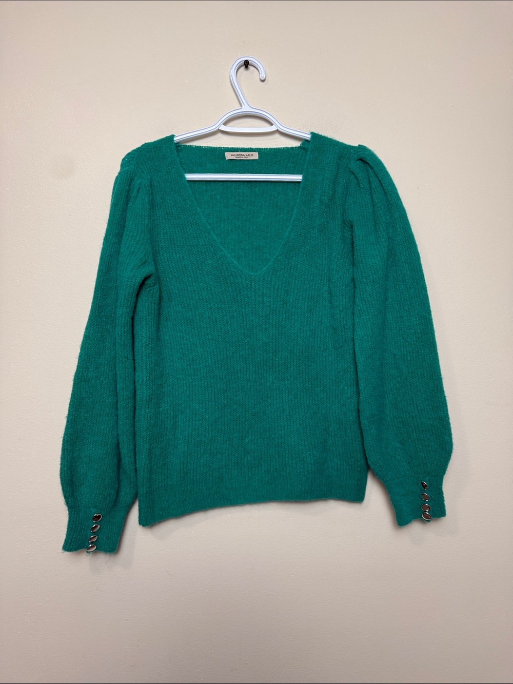 Valentina Naldi Emerald V-Neck Puff Sleeve Sweater with Button Cuff size M